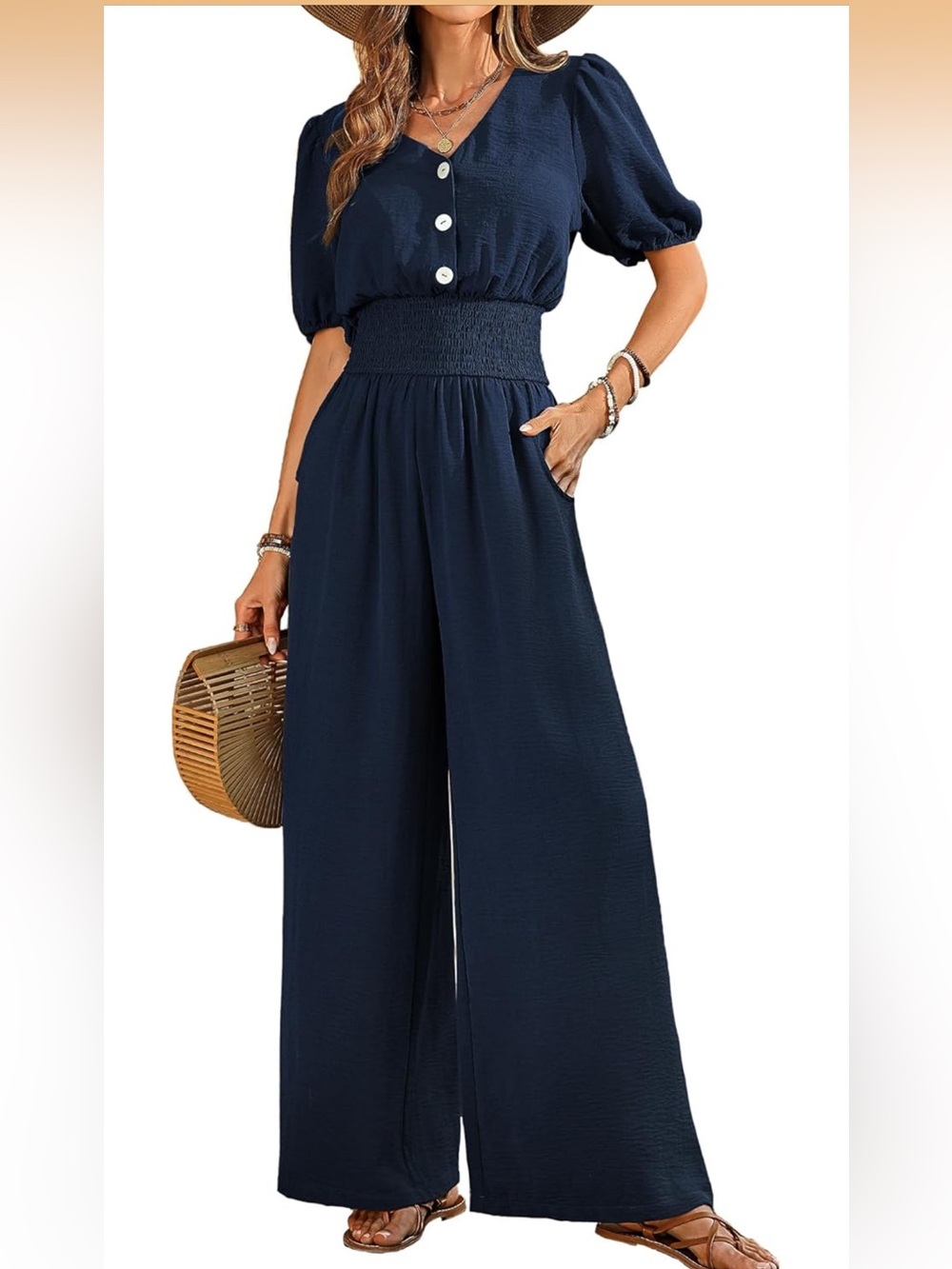 Wide Leg Navy Jumpsuit with Smocked Waist